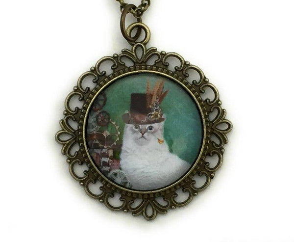 Steampunk White Cat Necklace - Lunar Dragonfly